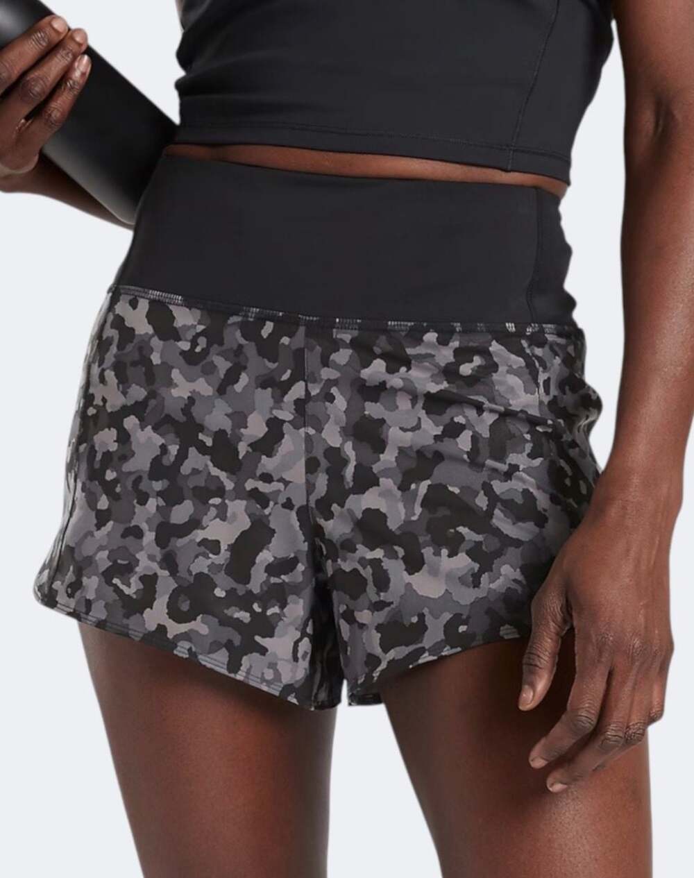 Athleta Black and Gray Camo High-Waist Athletic Shorts